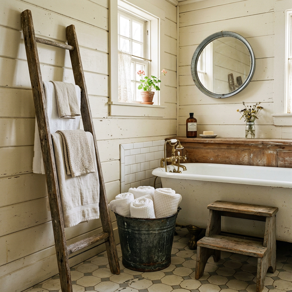 Heated stone floor and a sculptural heated towel rail with a teak shelf in a spa bathroom — spa bathroom at home comfort details