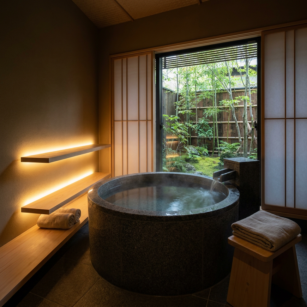 Deep stone soaking tub positioned with clear space around it beside a window — luxury spa bathroom centerpiece