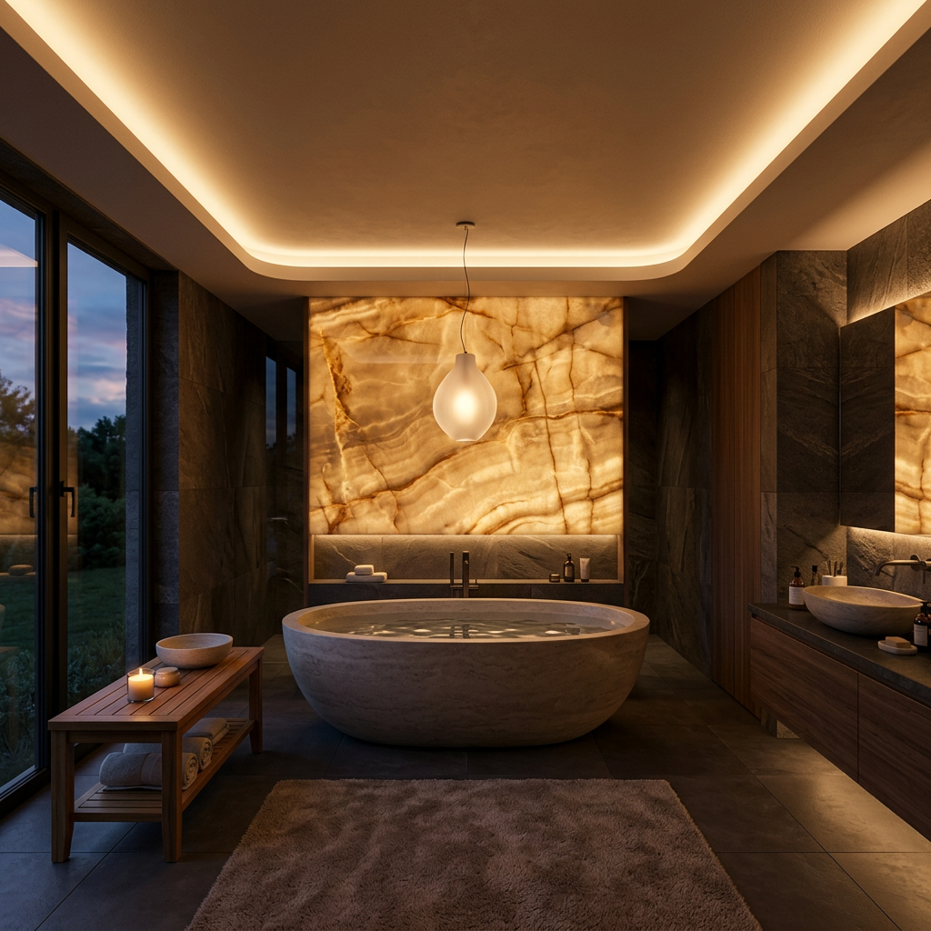 Spa bathroom with concealed cove lighting and a backlit stone panel that make the room glow rather than appear lit — spa bathroom lighting