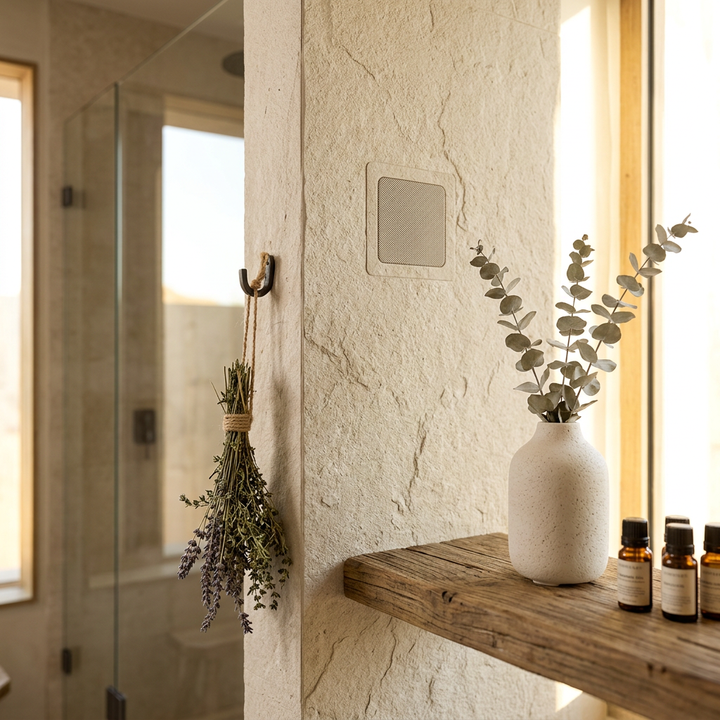 Spa bathroom with a flush ceiling speaker and a teak shelf holding a diffuser and eucalyptus near the shower — invisible sensory design