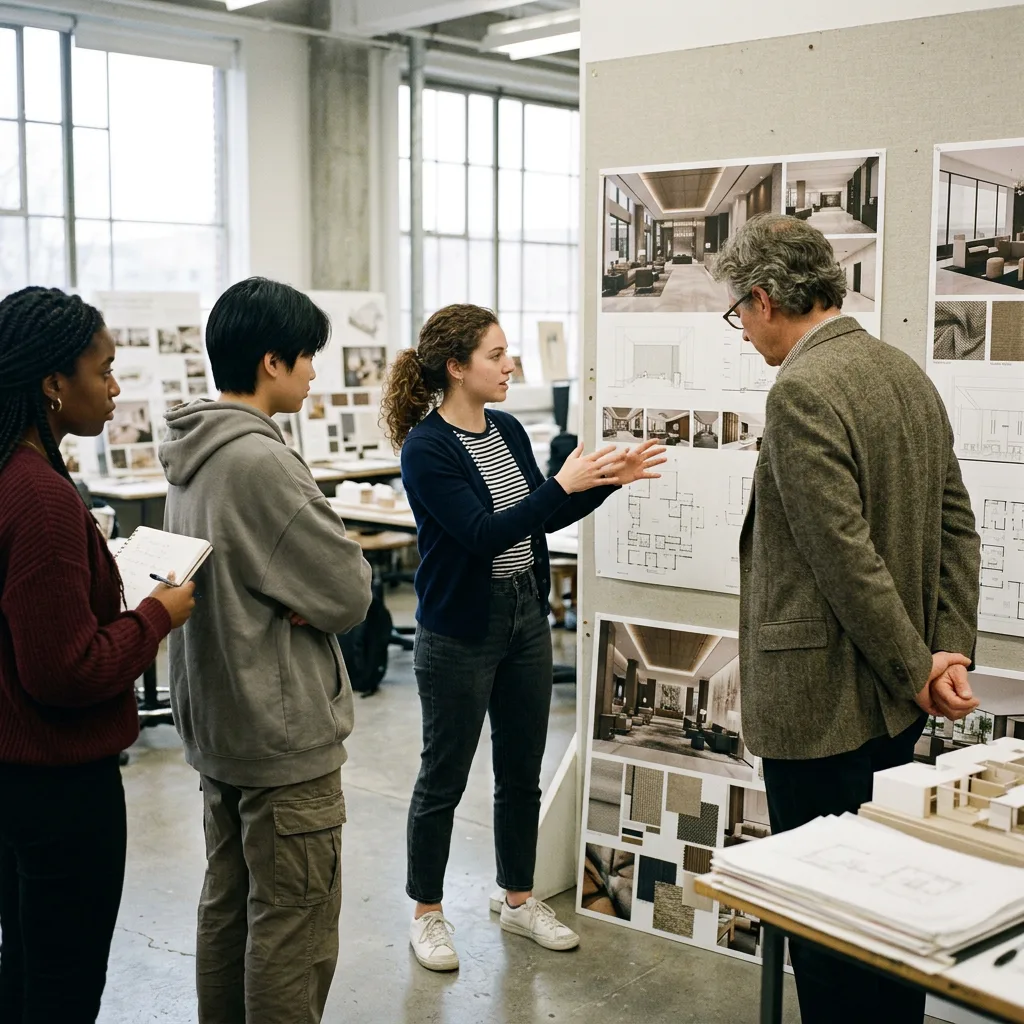 Interior design students presenting renderings, floor plans and material boards to a professor during a studio critique — student design competition brief
