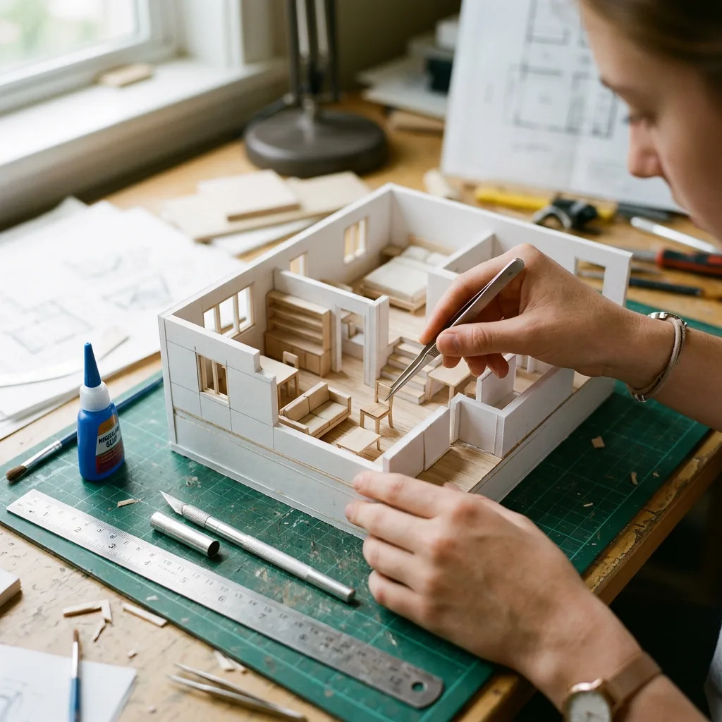 Student assembling a detailed foam-board scale model of an apartment interior with tiny furniture on a cutting mat — student interior design competition entry