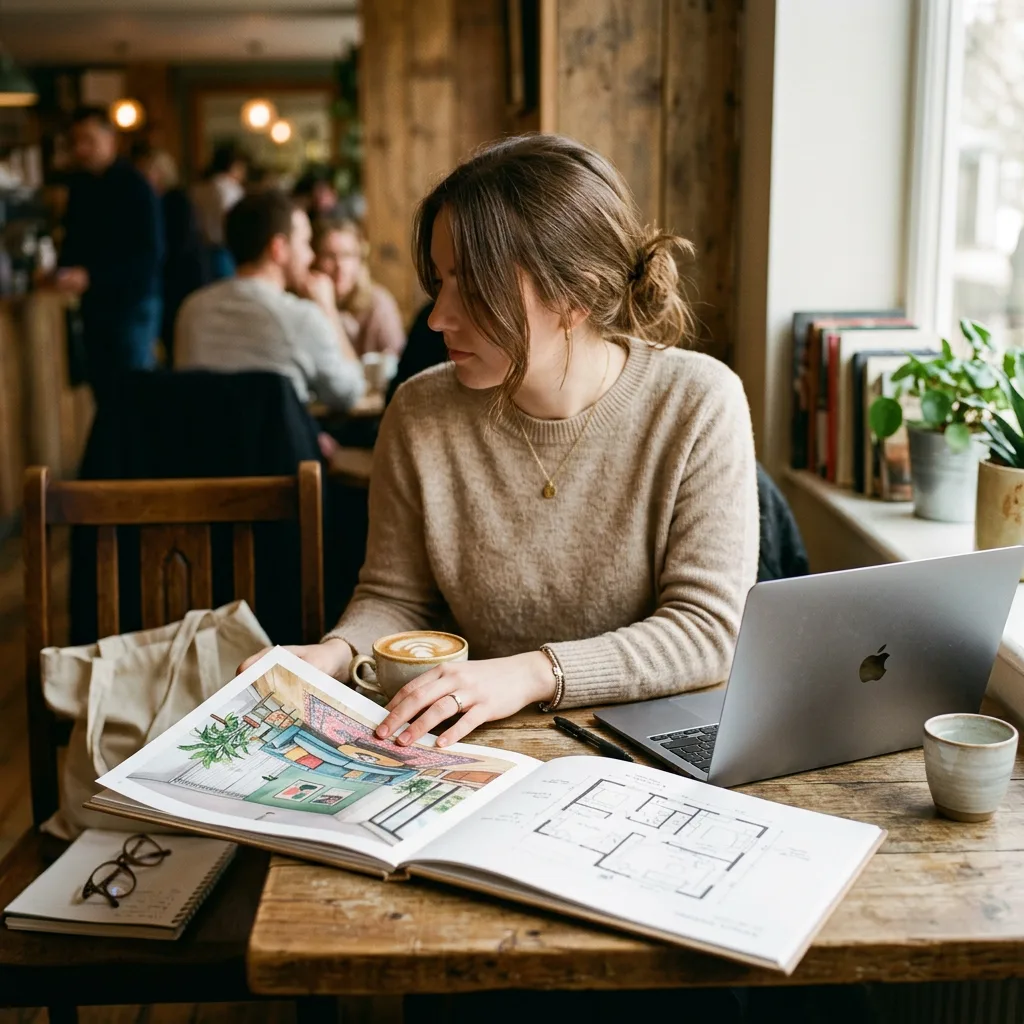 Young interior design graduate reviewing a printed portfolio with a living room rendering and floor plan at a cafe table — preparing a student design competition entry