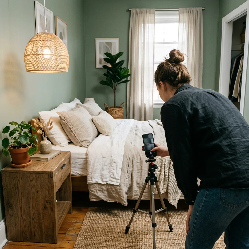 Interior design student photographing her finished bedroom project with a smartphone on a mini tripod — submitting a project to an online interior design competition