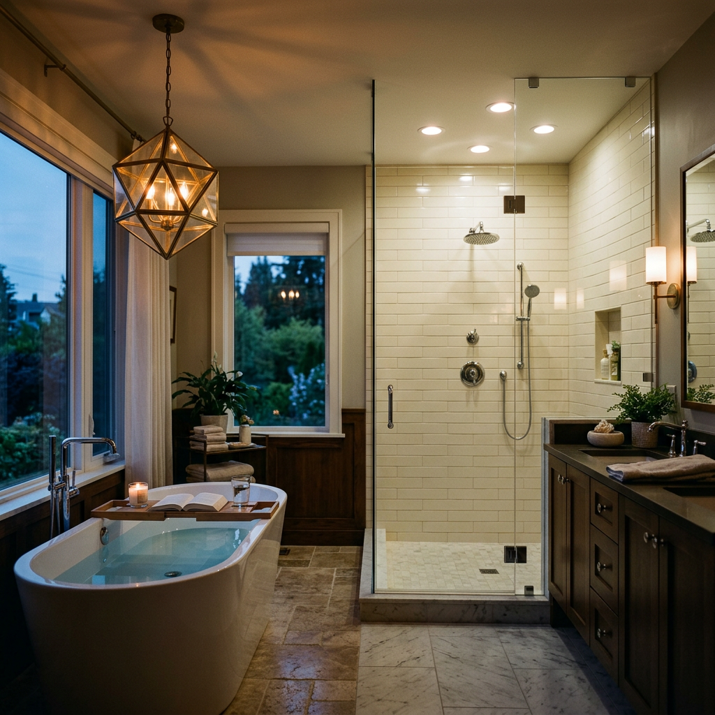 Tub-shower bathroom layout with the tub and shower on opposite walls of a long, narrow room — bathroom tub shower layout