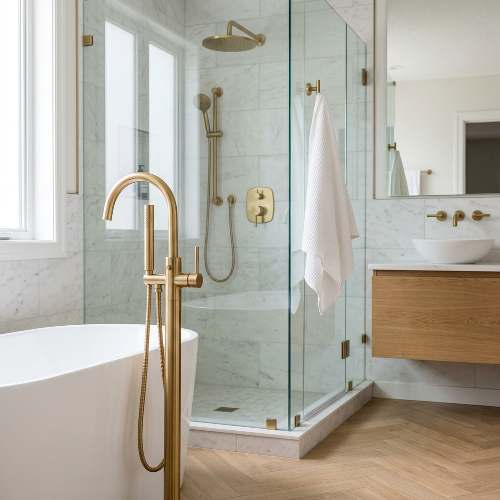 Tub filler, shower fixtures, towel bars and vanity faucet all in one matching metal finish — tub shower combination hardware detail
