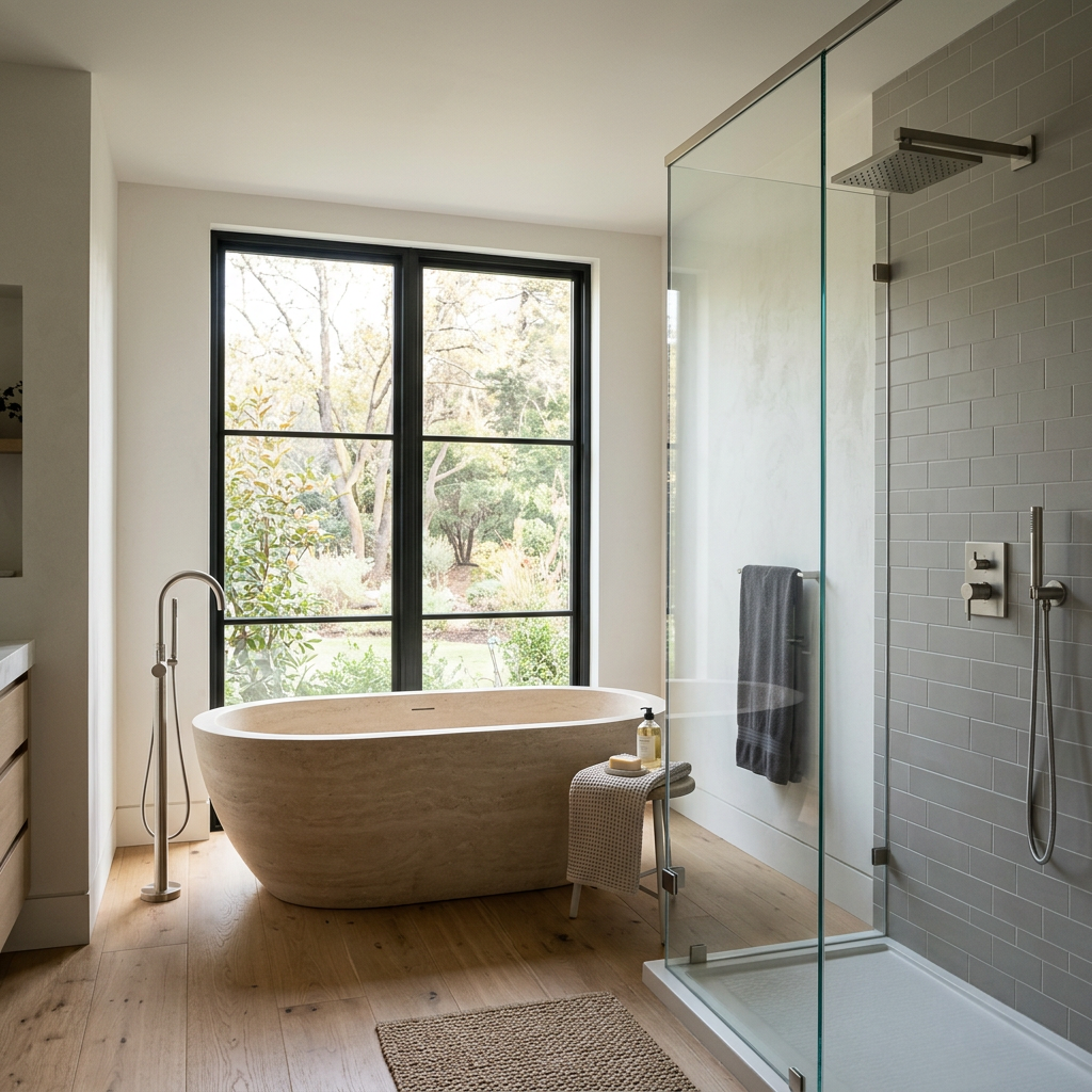 Sculptural freestanding tub as the hero of the room with a walk-in shower playing a supporting role — bathtub and shower combo design