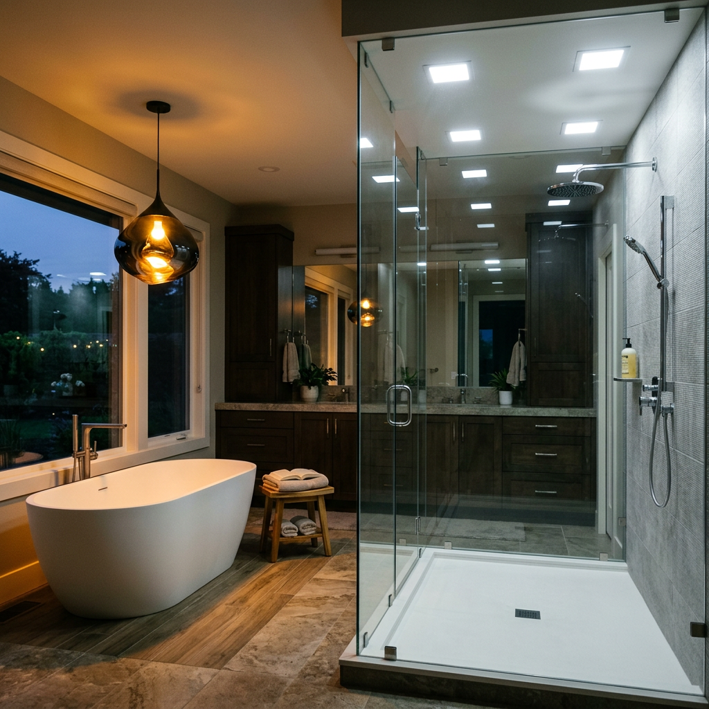 Walk-in shower with dedicated recessed downlights and a separately lit tub zone — tub shower bathroom lighting design