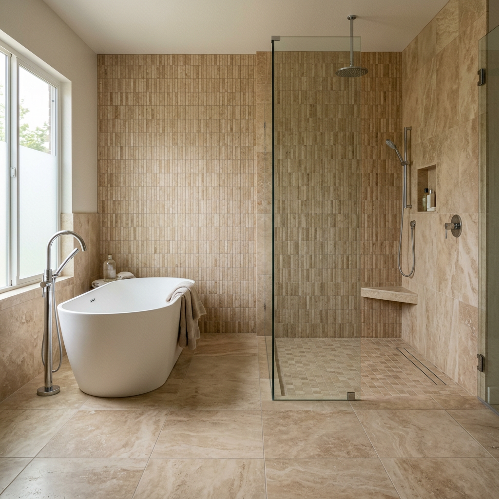 Tub zone and shower zone unified by one stone tile family in different formats — bathroom with tub and shower material palette